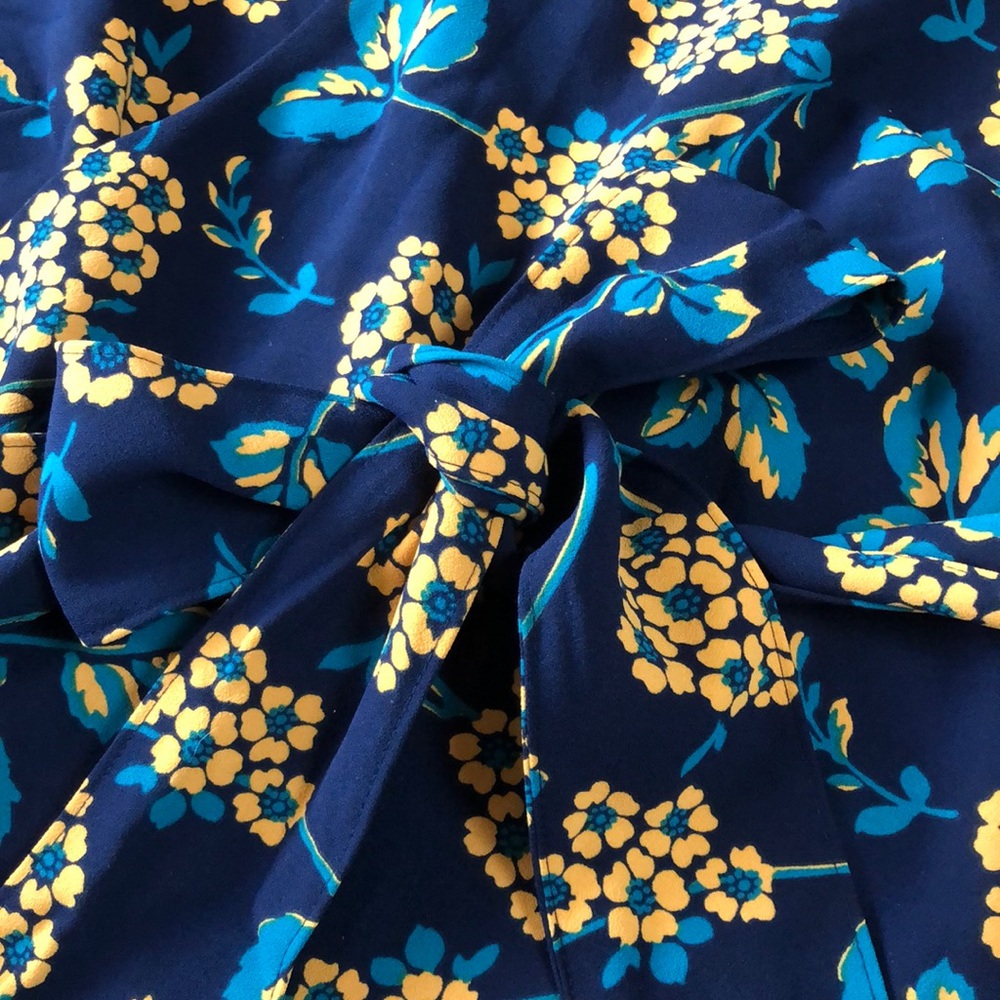 J. Crew Navy Blue Floral Wrap Blouse with Yellow Flowers - Picture 7 of 8